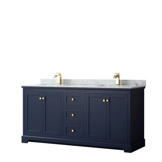 Wyndham Collection Avery 72" Dark Blue Double Bathroom Vanity With White Carrara Marble Countertop With 1-Hole Faucet And Square Sink
