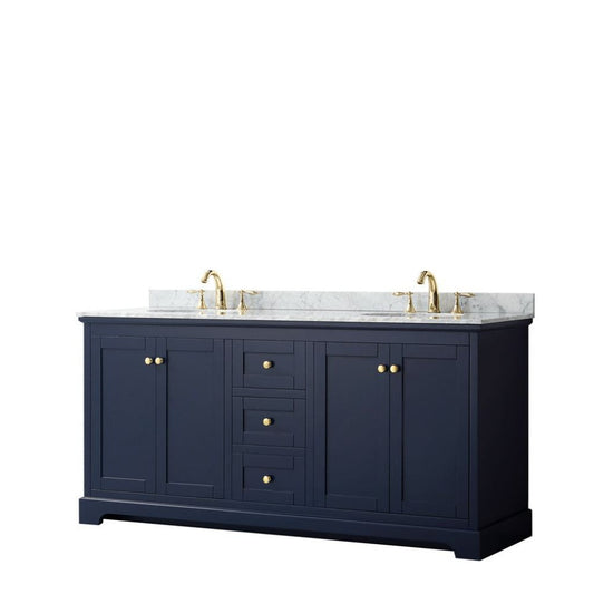 Wyndham Collection Avery 72" Dark Blue Double Bathroom Vanity With White Carrara Marble Countertop With 3-Hole Faucet And 8" Oval Sink