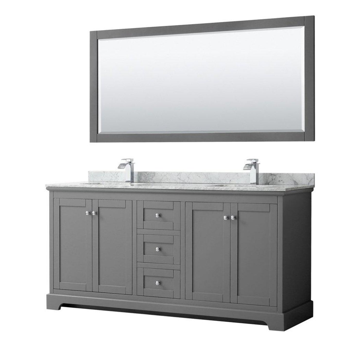 Wyndham Collection Avery 72" Dark Gray Double Bathroom Vanity Set With White Carrara Marble Countertop With 1-Hole Faucet And Square Sink And 70" Mirror