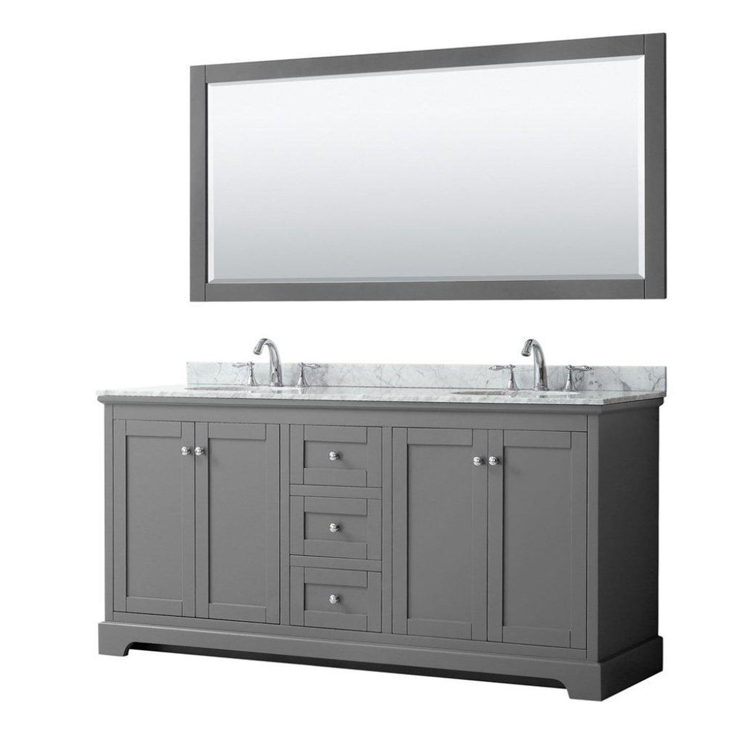 Wyndham Collection Avery 72" Dark Gray Double Bathroom Vanity Set With White Carrara Marble Countertop With 3-Hole Faucet And 8" Oval Sink And 70" Mirror