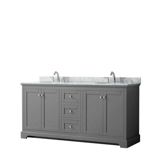 Wyndham Collection Avery 72" Dark Gray Double Bathroom Vanity With White Carrara Marble Countertop With 3-Hole Faucet And 8" Oval Sink