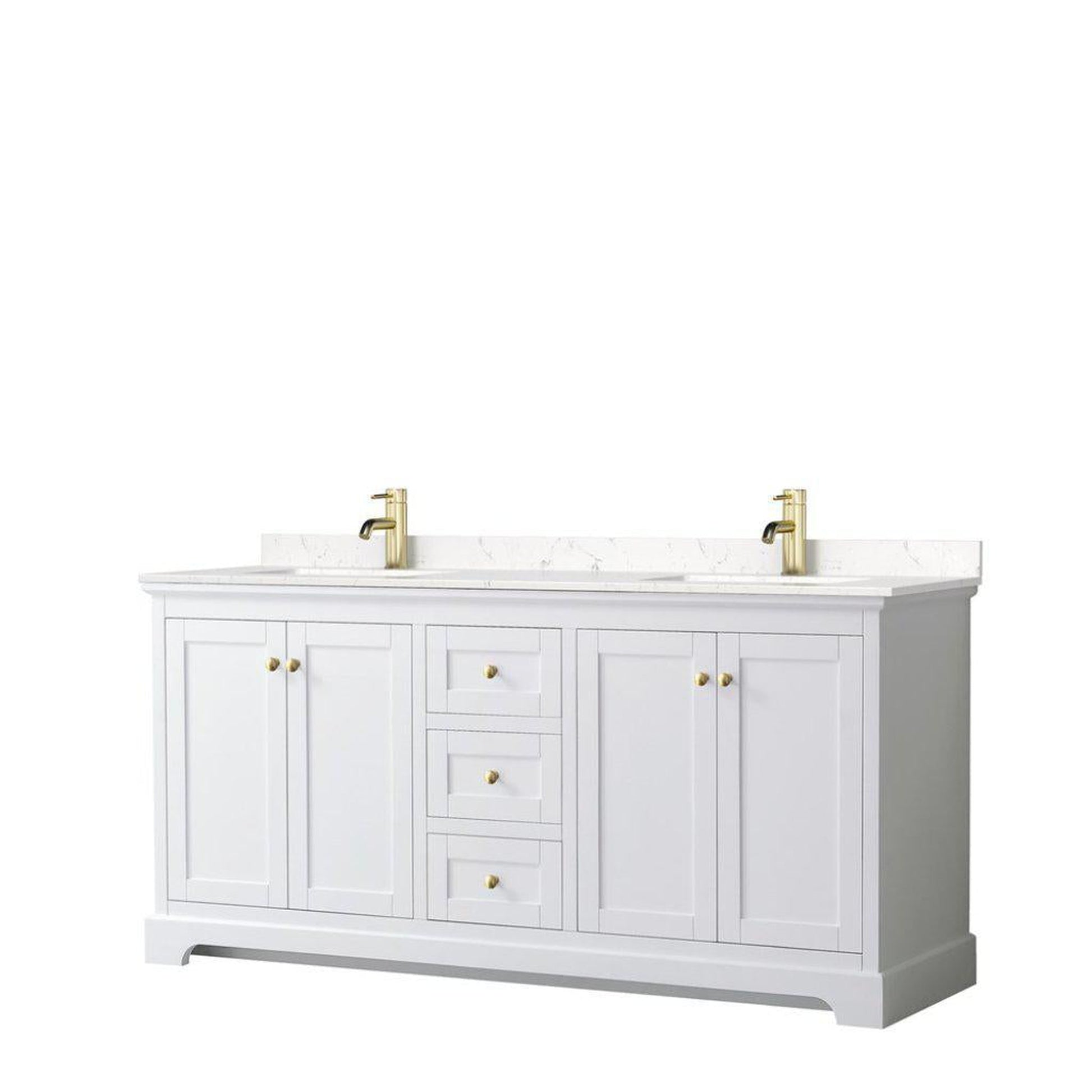 Wyndham Collection Avery 72" White Double Bathroom Vanity, Light-Vein Carrara Cultured Marble Countertop With 1-Hole Faucet, Square Sink, Gold Trims