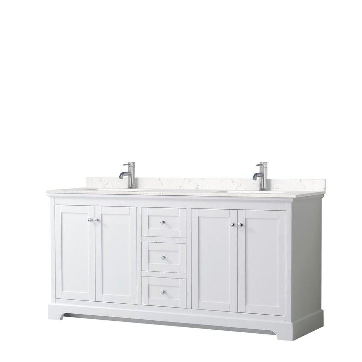 Wyndham Collection Avery 72" White Double Bathroom Vanity, Light-Vein Carrara Cultured Marble Countertop With 1-Hole Faucet, Square Sink, Polished Chrome Trims
