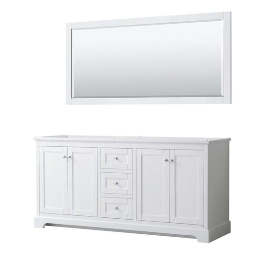 Wyndham Collection Avery 72" White Double Bathroom Vanity Set, 70" Mirror, Polished Chrome Trims