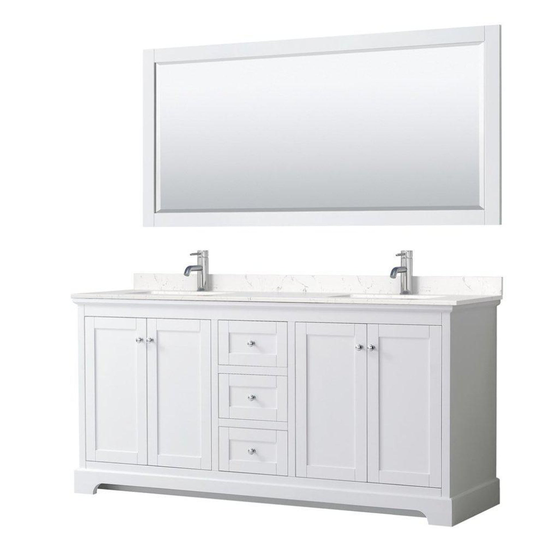 Wyndham Collection Avery 72" White Double Bathroom Vanity Set, Light-Vein Carrara Cultured Marble Countertop With 1-Hole Faucet, Square Sink, 70" Mirror, Polished Chrome Trims