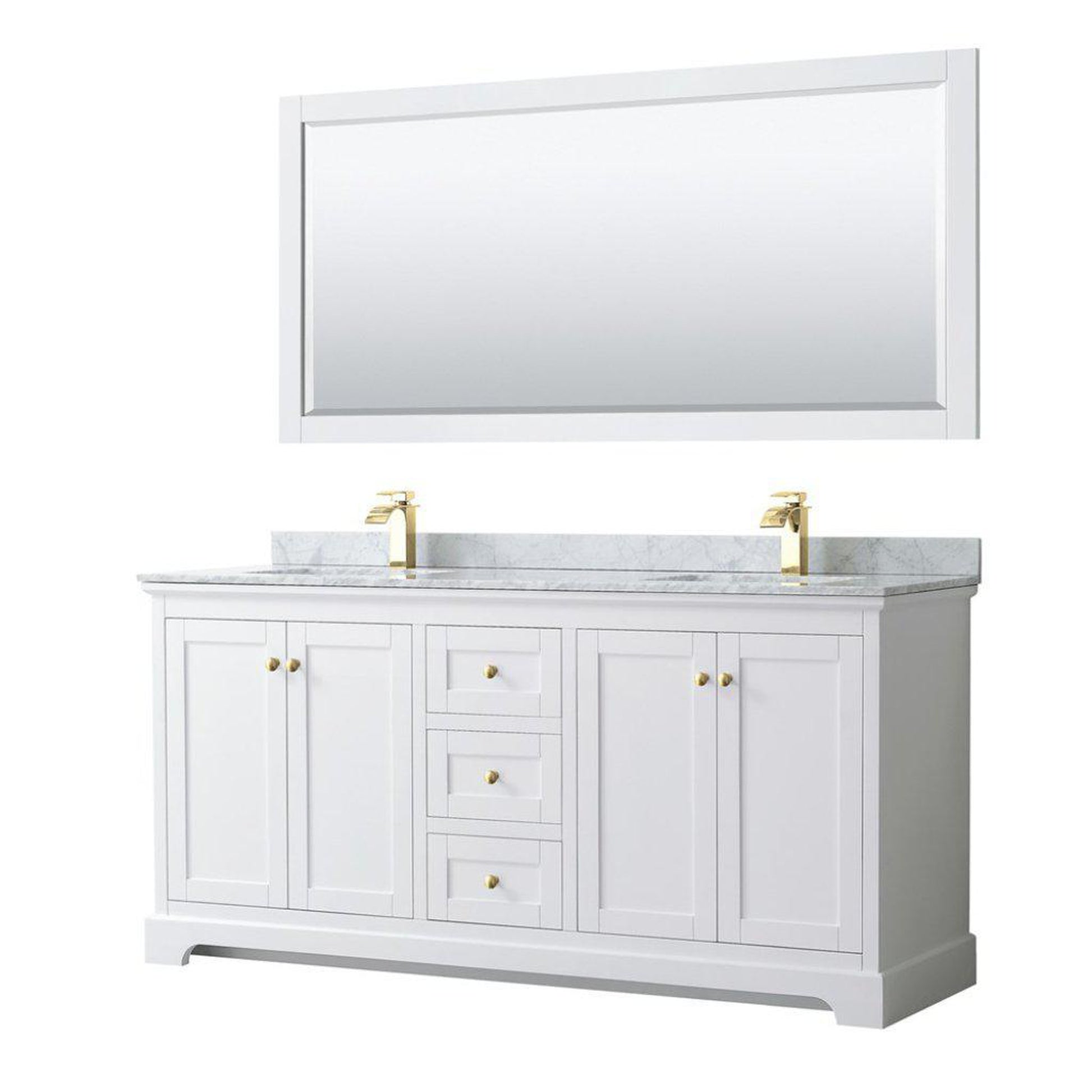 Wyndham Collection Avery 72" White Double Bathroom Vanity Set, White Carrara Marble Countertop With 1-Hole Faucet, Square Sink, 70" Mirror, Gold Trims
