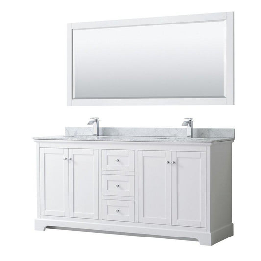 Wyndham Collection Avery 72" White Double Bathroom Vanity Set, White Carrara Marble Countertop With 1-Hole Faucet, Square Sink, 70" Mirror, Polished Chrome Trims