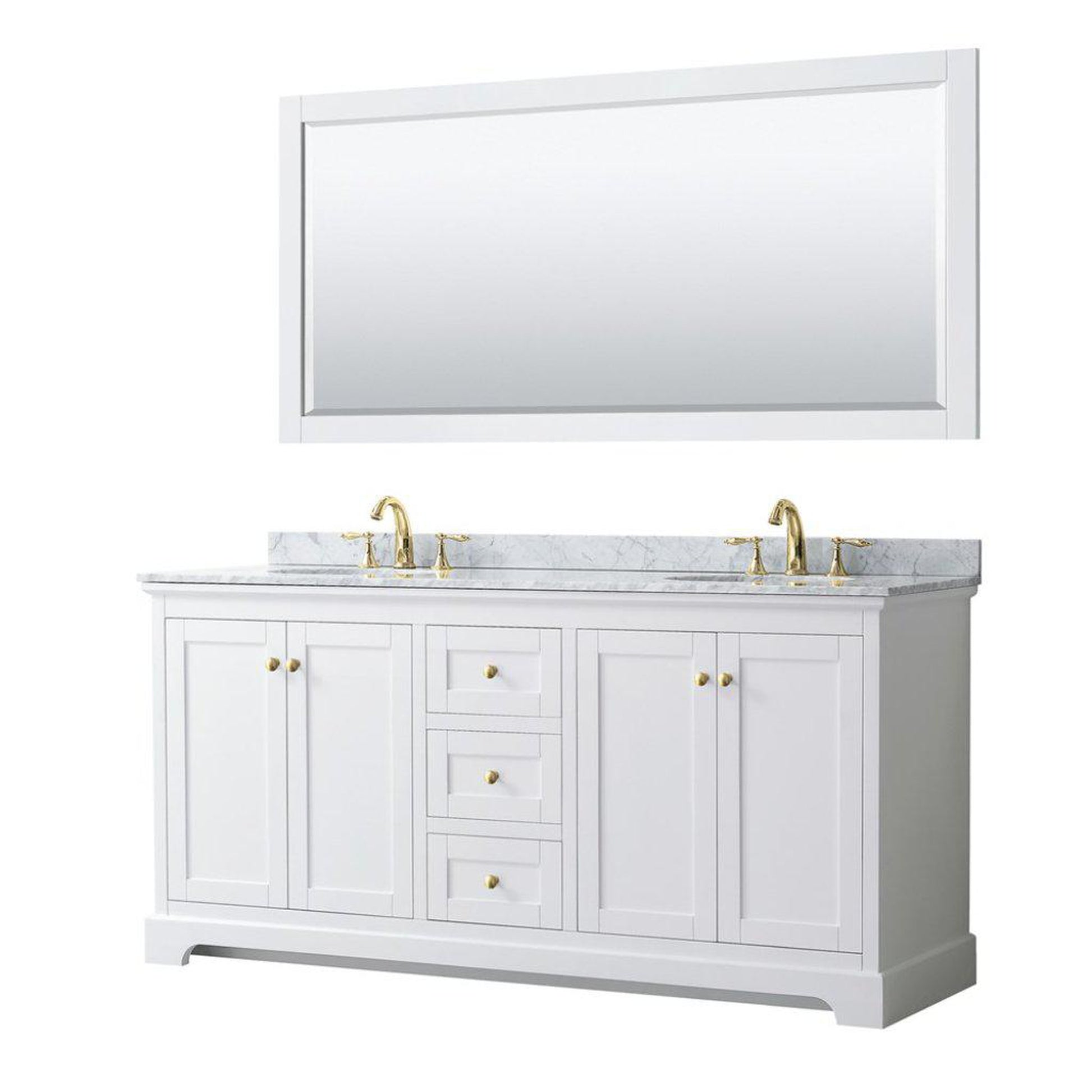 Wyndham Collection Avery 72" White Double Bathroom Vanity Set, White Carrara Marble Countertop With 3-Hole Faucet, 8" Oval Sink, 70" Mirror, Gold Trims