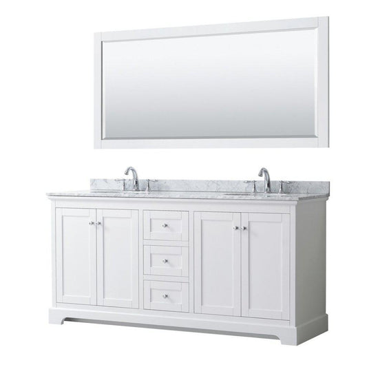 Wyndham Collection Avery 72" White Double Bathroom Vanity Set, White Carrara Marble Countertop With 3-Hole Faucet, 8" Oval Sink, 70" Mirror, Polished Chrome Trims