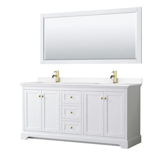 Wyndham Collection Avery 72" White Double Bathroom Vanity Set, White Cultured Marble Countertop With 1-Hole Faucet, Square Sink, 70" Mirror, Gold Trims
