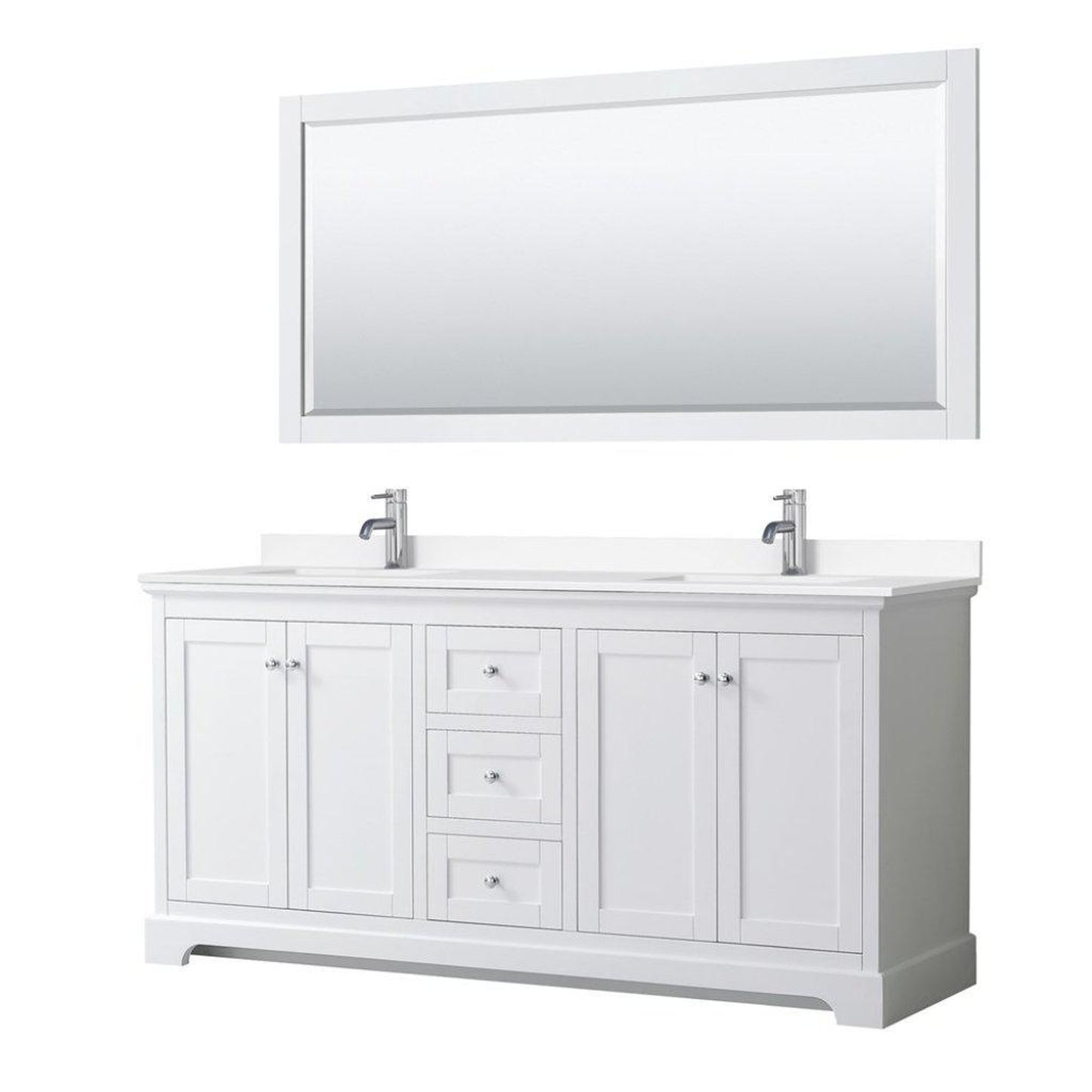 Wyndham Collection Avery 72" White Double Bathroom Vanity Set, White Cultured Marble Countertop With 1-Hole Faucet, Square Sink, 70" Mirror, Polished Chrome Trims