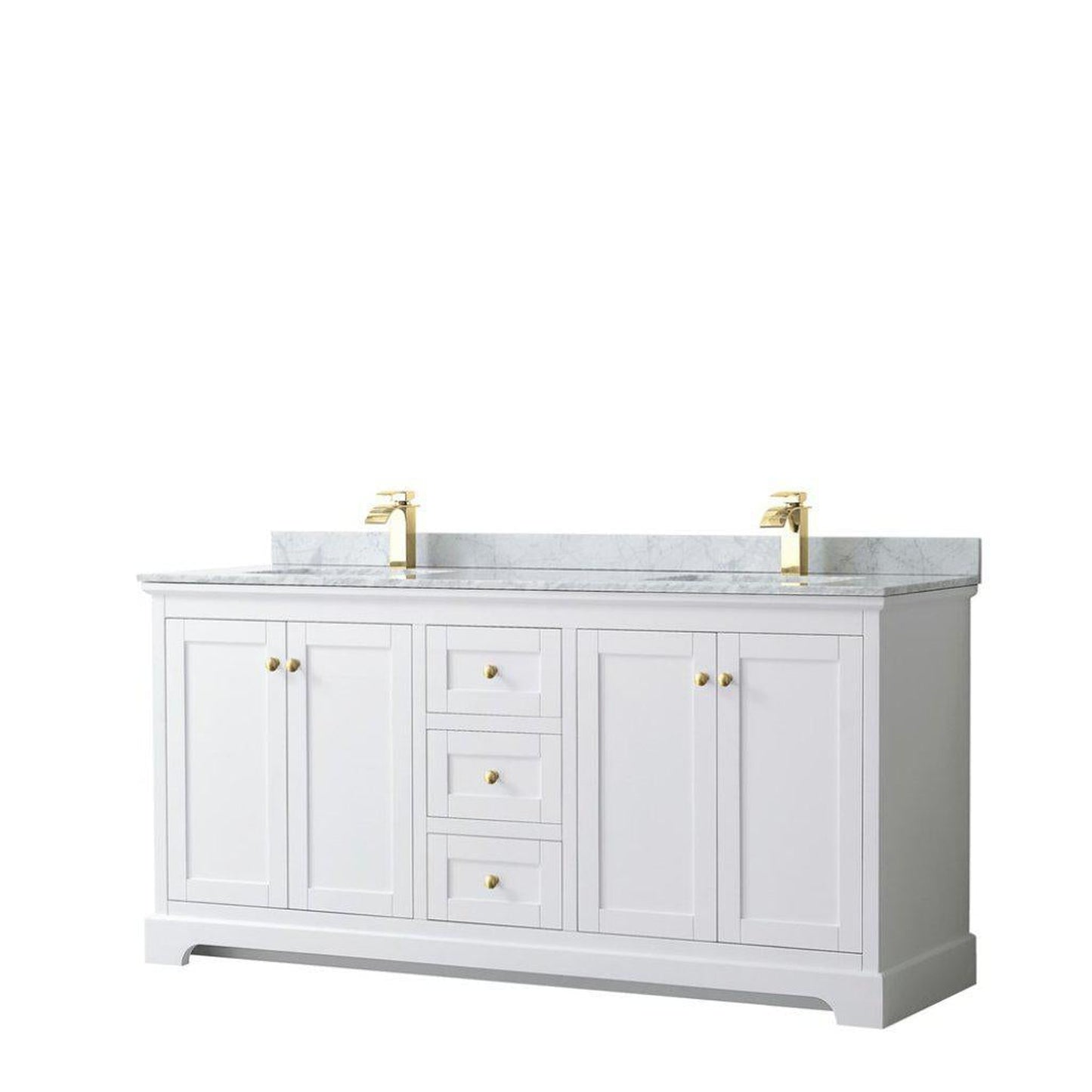 Wyndham Collection Avery 72" White Double Bathroom Vanity, White Carrara Marble Countertop With 1-Hole Faucet, Square Sink, Gold Trims