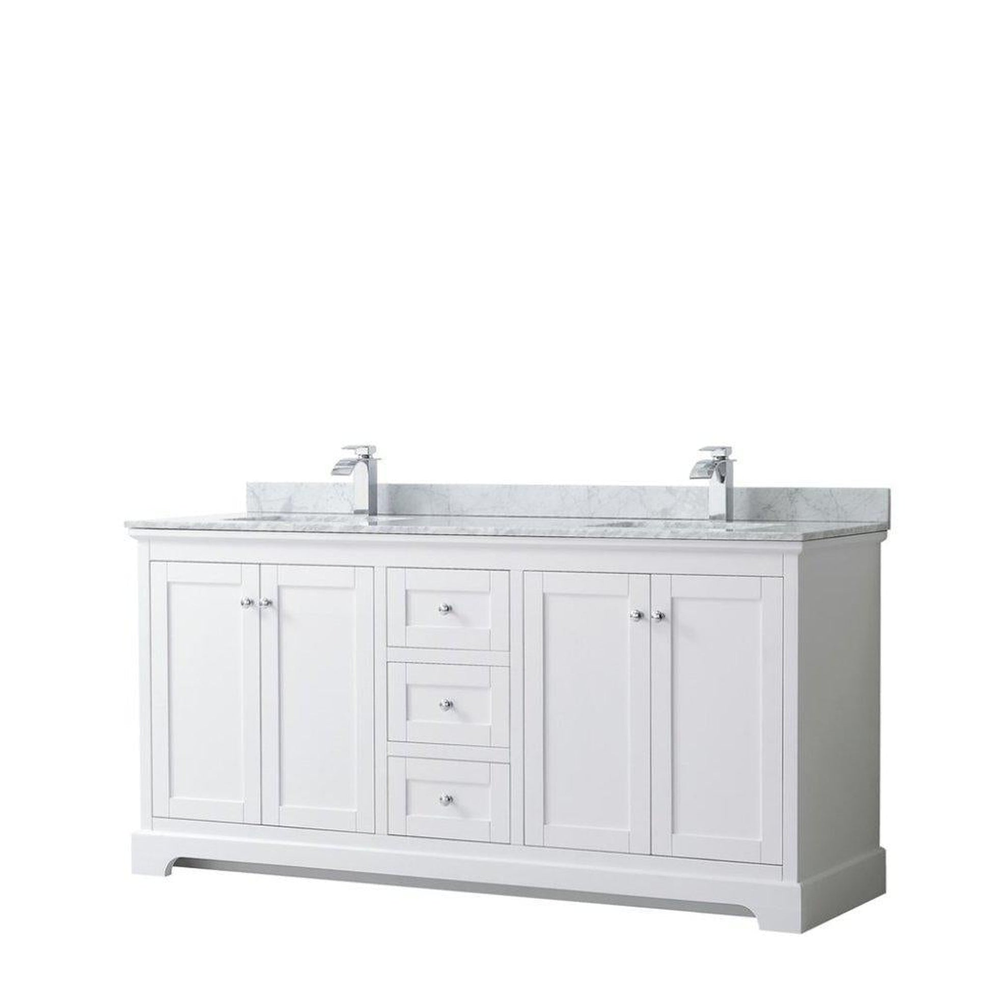 Wyndham Collection Avery 72" White Double Bathroom Vanity, White Carrara Marble Countertop With 1-Hole Faucet, Square Sink, Polished Chrome Trims