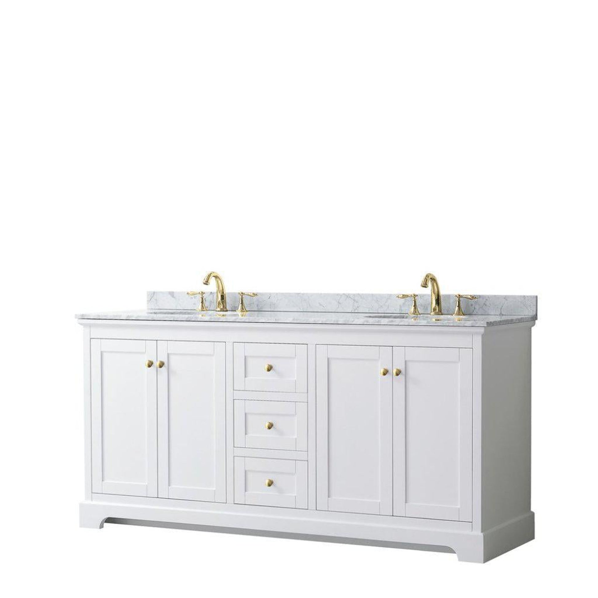 Wyndham Collection Avery 72" White Double Bathroom Vanity, White Carrara Marble Countertop With 3-Hole Faucet, 8" Oval Sink, Gold Trims