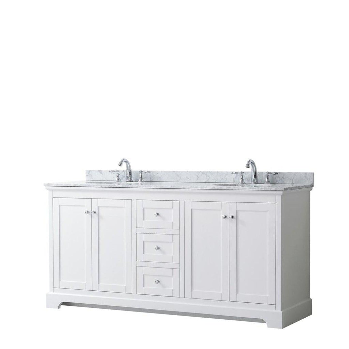 Wyndham Collection Avery 72" White Double Bathroom Vanity, White Carrara Marble Countertop With 3-Hole Faucet, 8" Oval Sink, Polished Chrome Trims