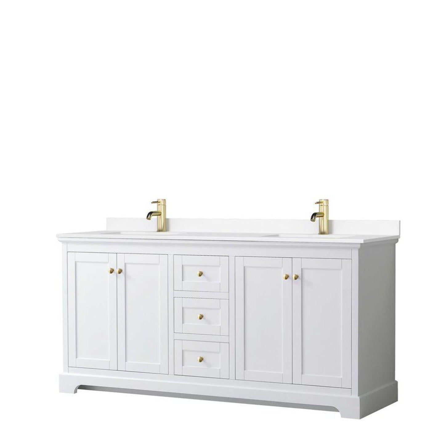 Wyndham Collection Avery 72" White Double Bathroom Vanity, White Cultured Marble Countertop With 1-Hole Faucet, Square Sink, Gold Trims