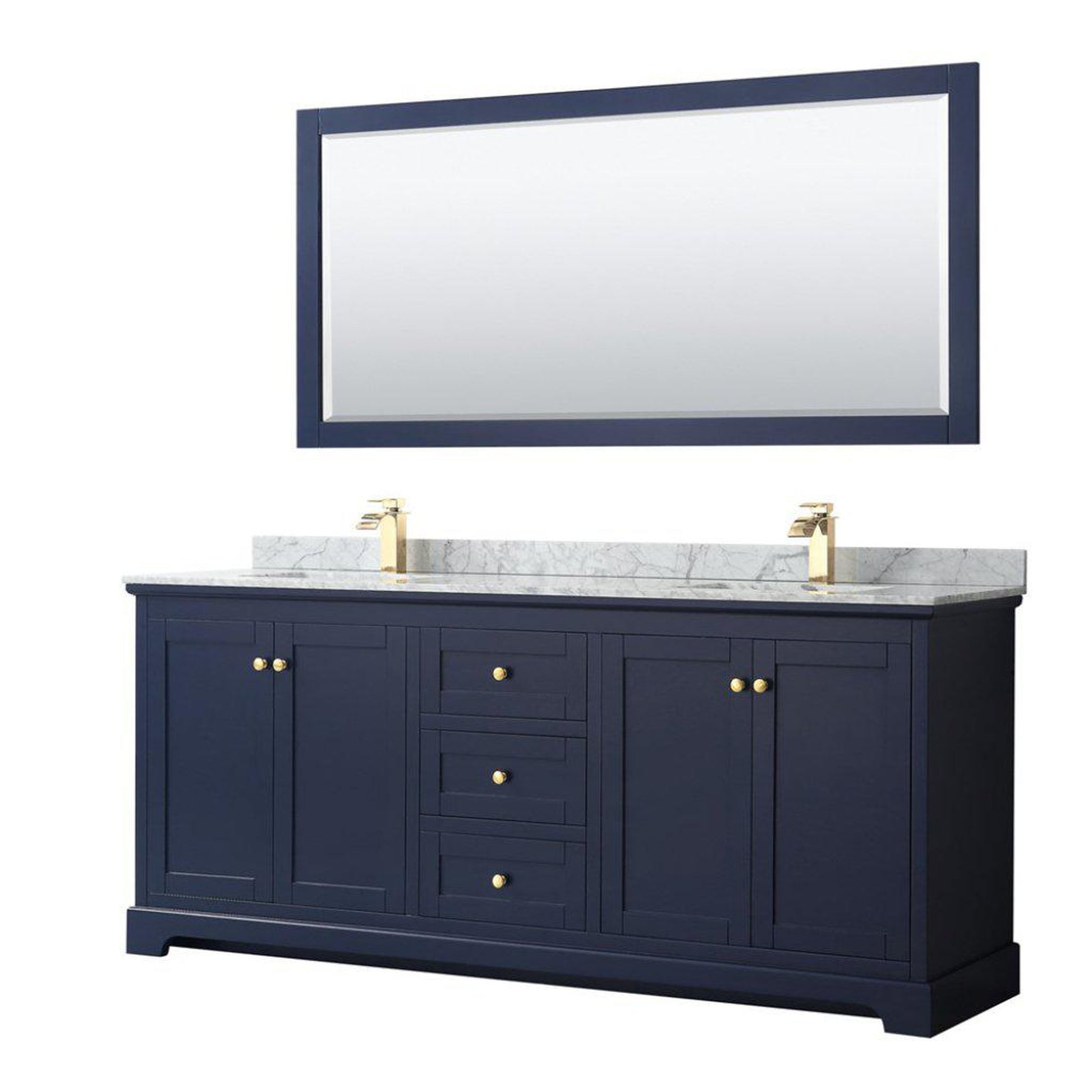 Wyndham Collection Avery 80" Dark Blue Double Bathroom Vanity Set With White Carrara Marble Countertop With 1-Hole Faucet And Square Sink And 70" Mirror