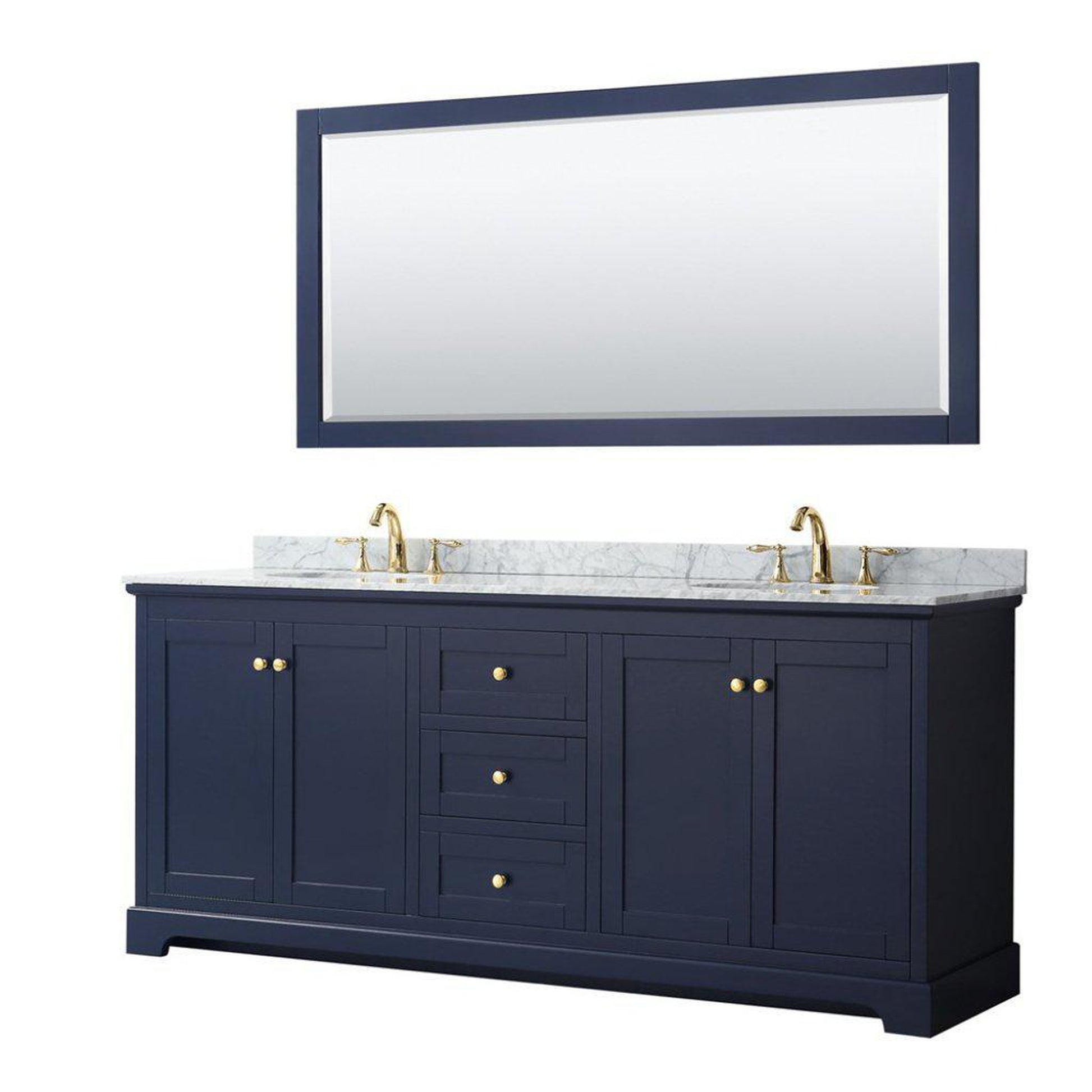 Wyndham Collection Avery 80" Dark Blue Double Bathroom Vanity Set With White Carrara Marble Countertop With 3-Hole Faucet And 8" Oval Sink And 70" Mirror