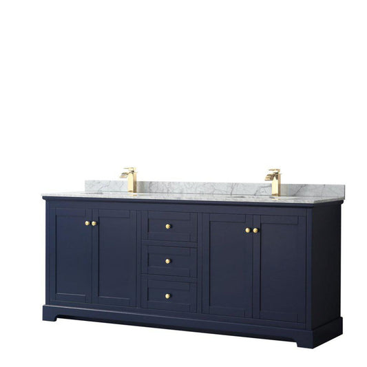 Wyndham Collection Avery 80" Dark Blue Double Bathroom Vanity With White Carrara Marble Countertop With 1-Hole Faucet And Square Sink