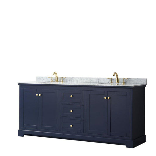 Wyndham Collection Avery 80" Dark Blue Double Bathroom Vanity With White Carrara Marble Countertop With 3-Hole Faucet And 8" Oval Sink