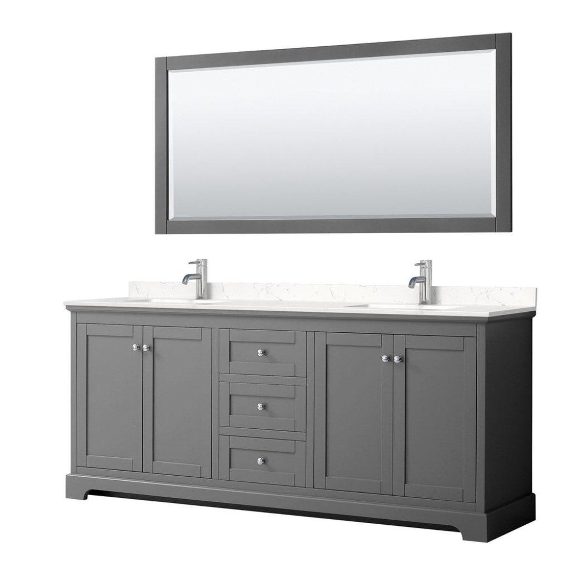 Wyndham Collection Avery 80" Dark Gray Double Bathroom Vanity Set With Light-Vein Cultured Marble Countertop With 1-Hole Faucet And Square Sink And 70" Mirror