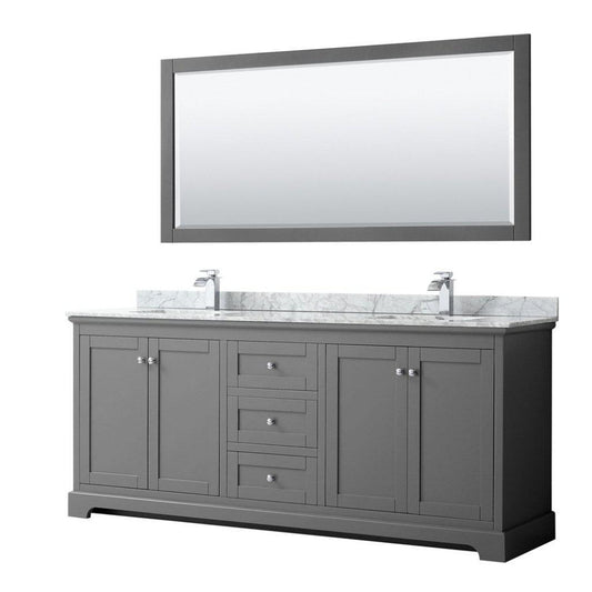 Wyndham Collection Avery 80" Dark Gray Double Bathroom Vanity Set With White Carrara Marble Countertop With 1-Hole Faucet And Square Sink And 70" Mirror