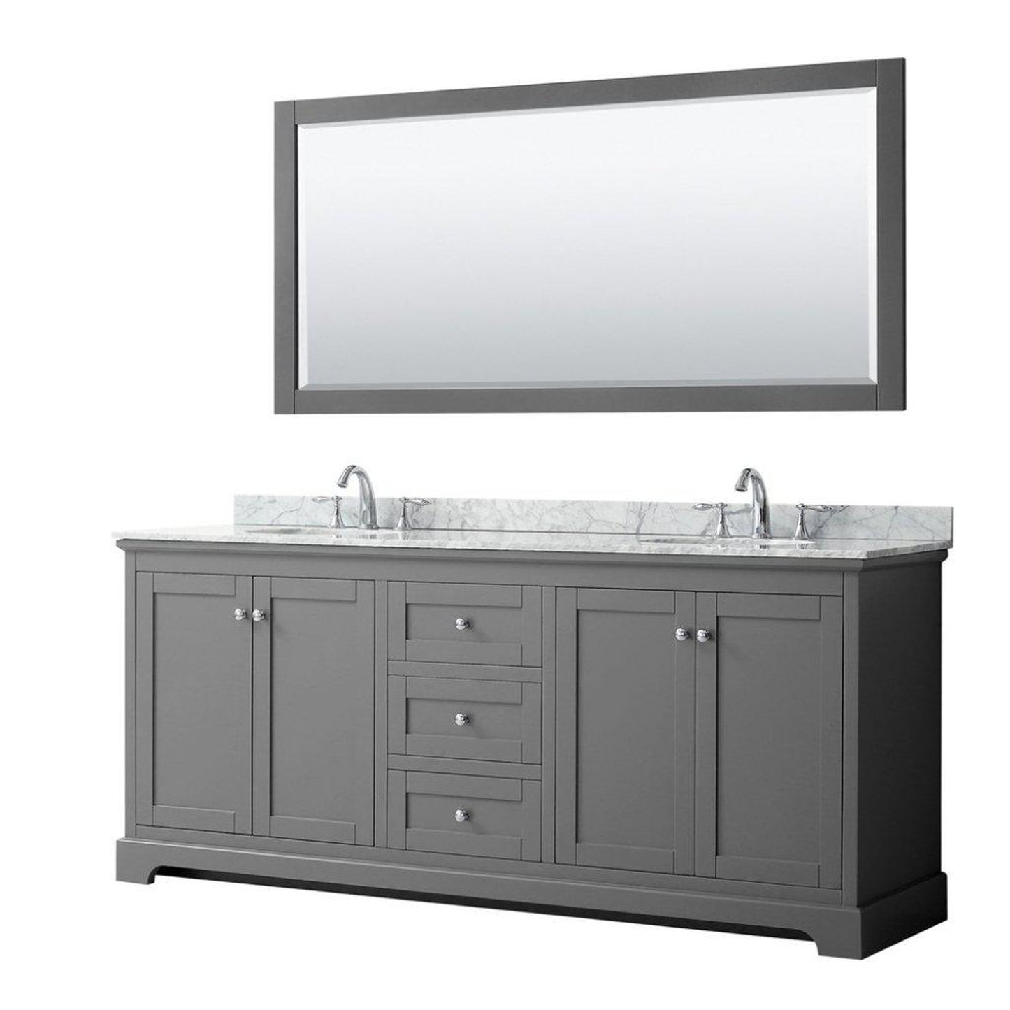 Wyndham Collection Avery 80" Dark Gray Double Bathroom Vanity Set With White Carrara Marble Countertop With 3-Hole Faucet And 8" Oval Sink And 70" Mirror