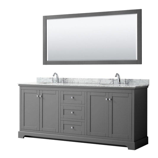 Wyndham Collection Avery 80" Dark Gray Double Bathroom Vanity Set With White Carrara Marble Countertop With 3-Hole Faucet And 8" Oval Sink And 70" Mirror