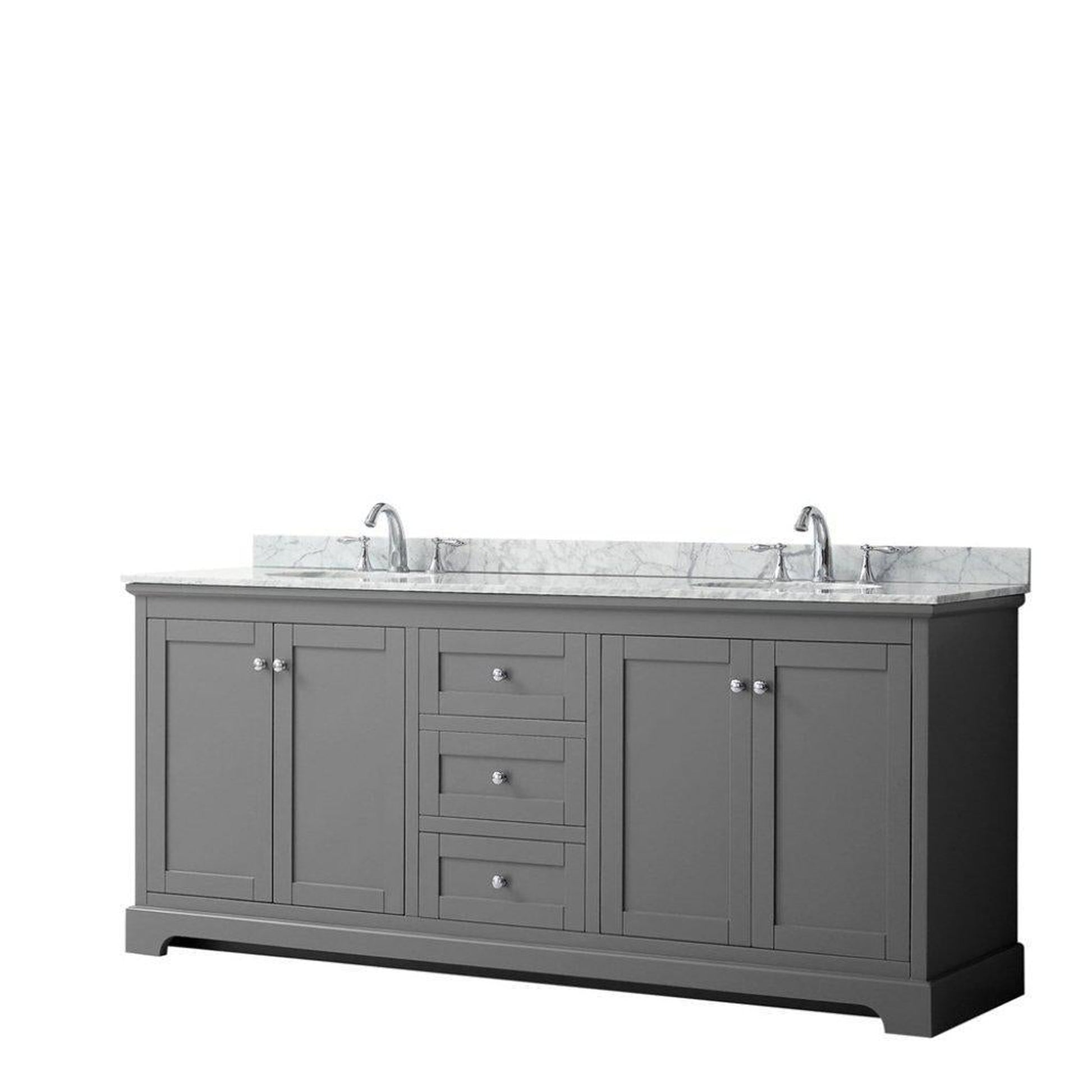 Wyndham Collection Avery 80" Dark Gray Double Bathroom Vanity With White Carrara Marble Countertop With 3-Hole Faucet And 8" Oval Sink