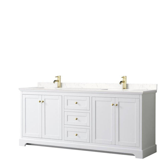 Wyndham Collection Avery 80" White Double Bathroom Vanity, Light-Vein Carrara Cultured Marble Countertop With 1-Hole Faucet, Square Sink, Gold Trims