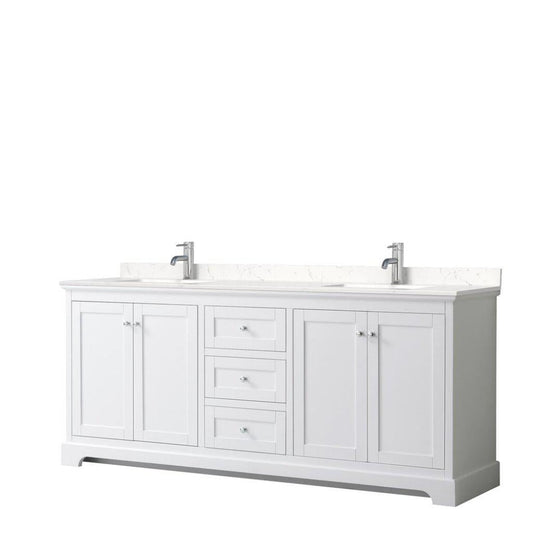 Wyndham Collection Avery 80" White Double Bathroom Vanity, Light-Vein Carrara Cultured Marble Countertop With 1-Hole Faucet, Square Sink, Polished Chrome Trims