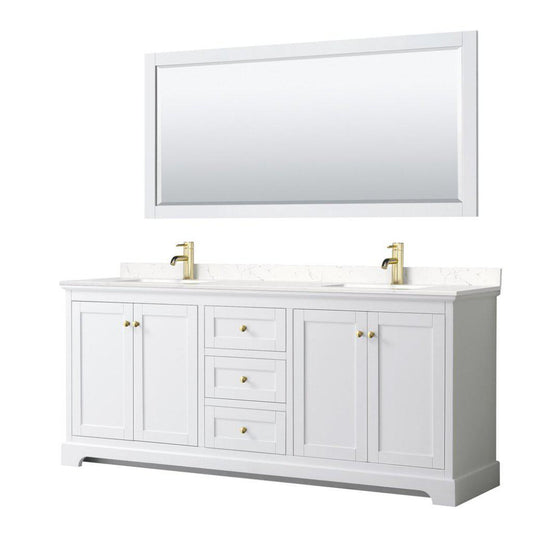 Wyndham Collection Avery 80" White Double Bathroom Vanity Set, Light-Vein Carrara Cultured Marble Countertop With 1-Hole Faucet, Square Sink, 70" Mirror, Gold Trims