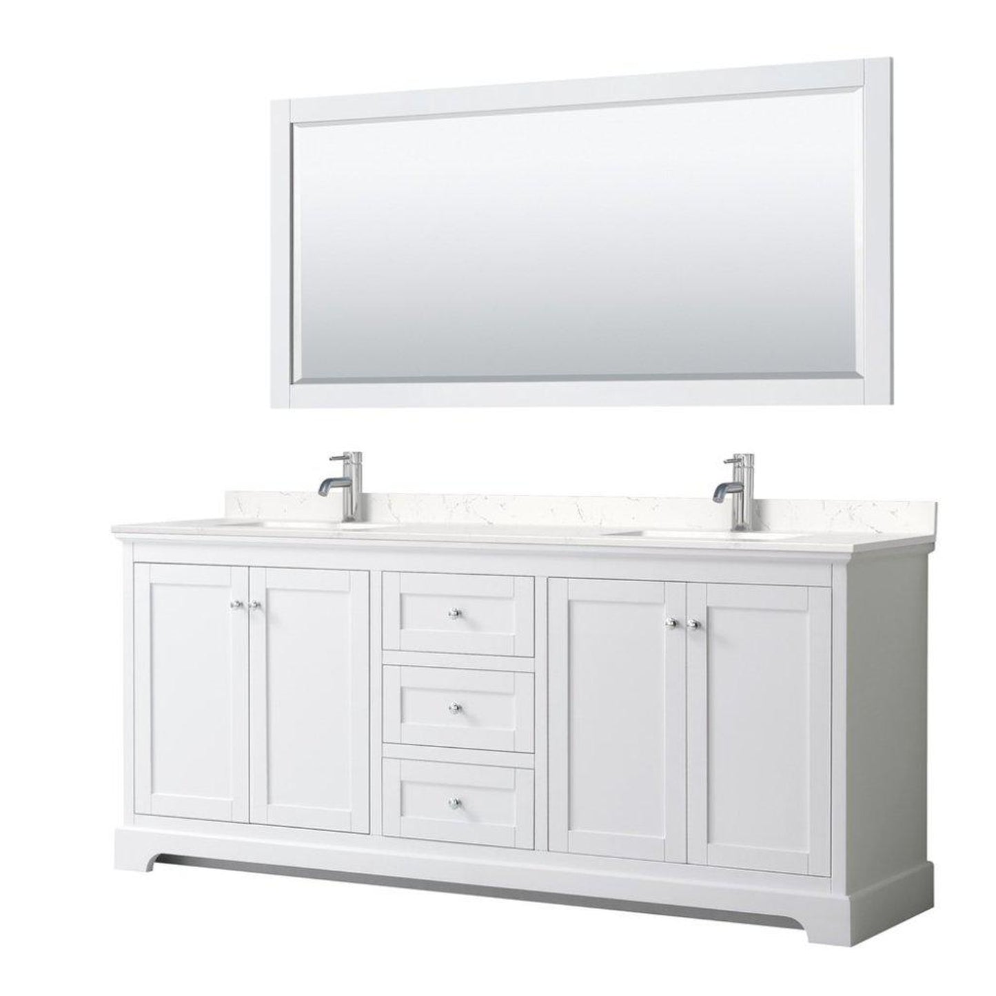 Wyndham Collection Avery 80" White Double Bathroom Vanity Set, Light-Vein Carrara Cultured Marble Countertop With 1-Hole Faucet, Square Sink, 70" Mirror, Polished Chrome Trims