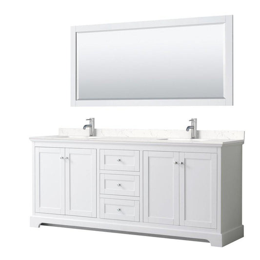 Wyndham Collection Avery 80" White Double Bathroom Vanity Set, Light-Vein Carrara Cultured Marble Countertop With 1-Hole Faucet, Square Sink, 70" Mirror, Polished Chrome Trims