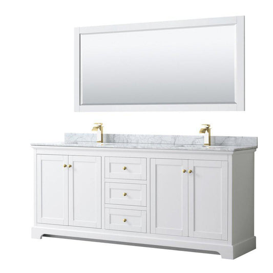 Wyndham Collection Avery 80" White Double Bathroom Vanity Set, White Carrara Marble Countertop With 1-Hole Faucet, Square Sink, 70" Mirror, Gold Trims