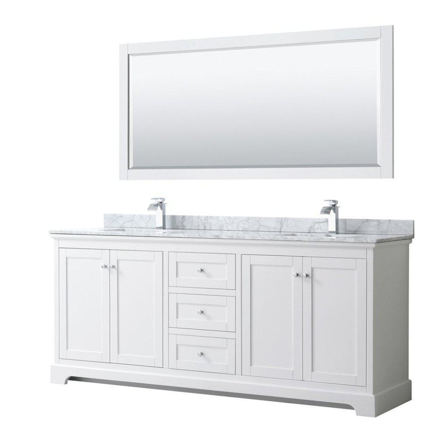 Wyndham Collection Avery 80" White Double Bathroom Vanity Set, White Carrara Marble Countertop With 1-Hole Faucet, Square Sink, 70" Mirror, Polished Chrome Trims