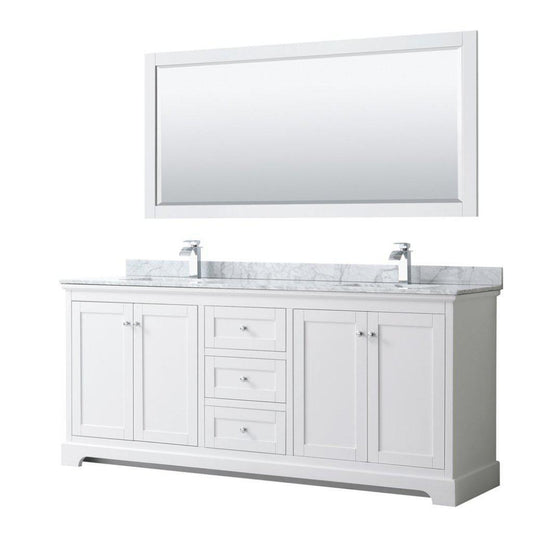 Wyndham Collection Avery 80" White Double Bathroom Vanity Set, White Carrara Marble Countertop With 1-Hole Faucet, Square Sink, 70" Mirror, Polished Chrome Trims