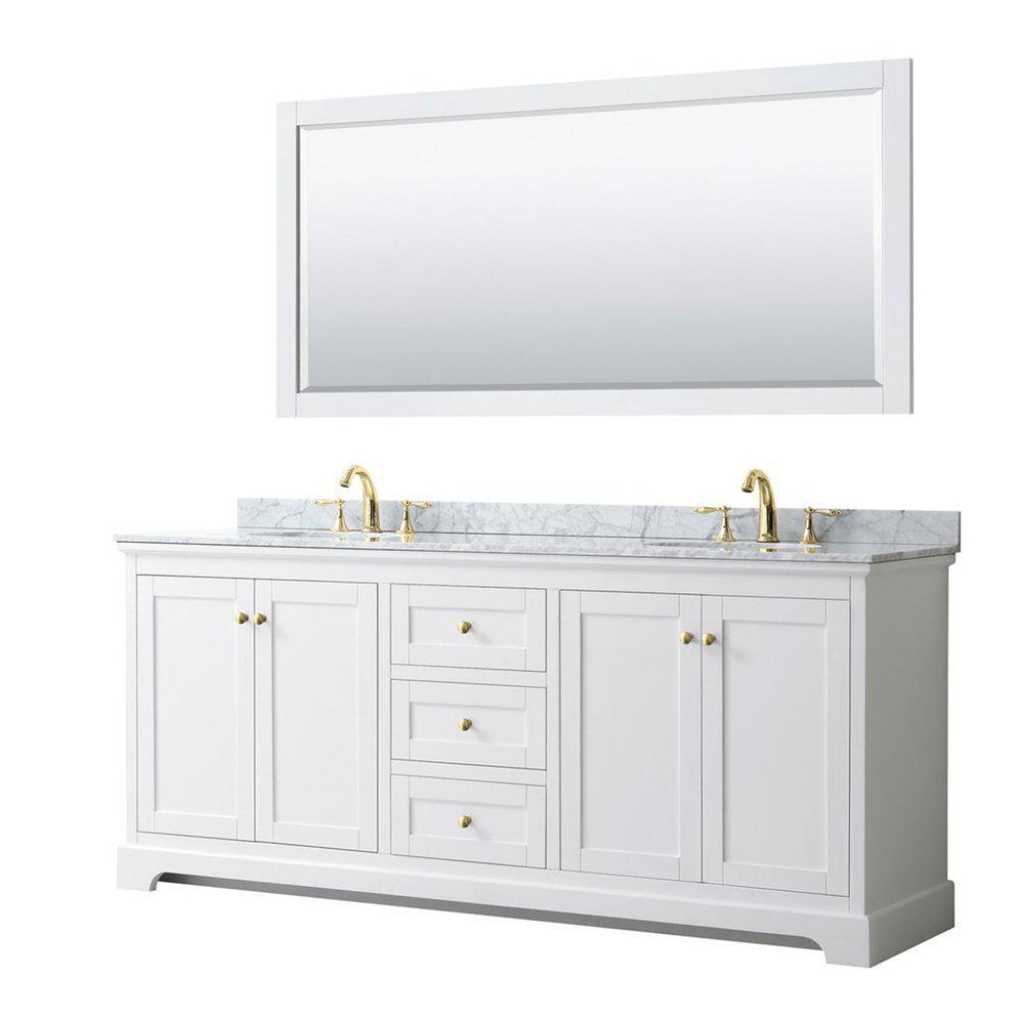 Wyndham Collection Avery 80" White Double Bathroom Vanity Set, White Carrara Marble Countertop With 3-Hole Faucet, 8" Oval Sink, 70" Mirror, Gold Trims