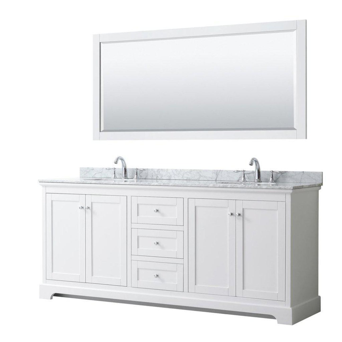 Wyndham Collection Avery 80" White Double Bathroom Vanity Set, White Carrara Marble Countertop With 3-Hole Faucet, 8" Oval Sink, 70" Mirror, Polished Chrome Trims