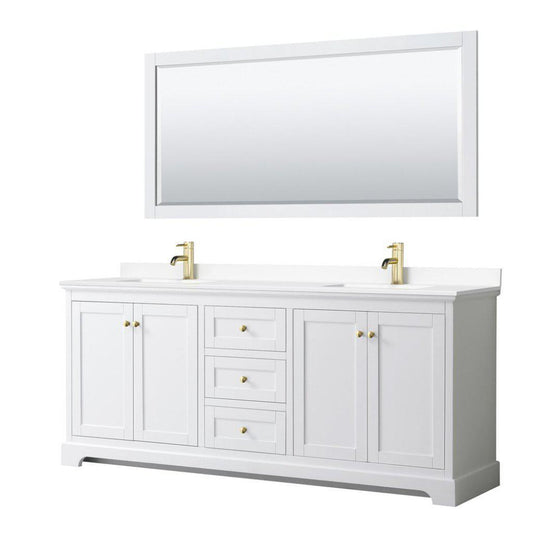 Wyndham Collection Avery 80" White Double Bathroom Vanity Set, White Cultured Marble Countertop With 1-Hole Faucet, Square Sink, 70" Mirror, Gold Trims