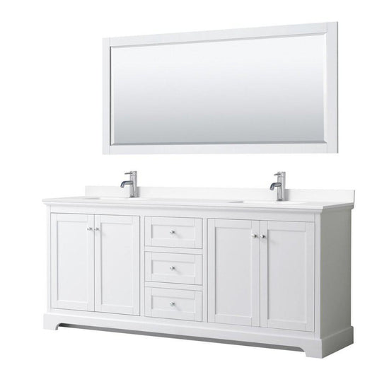 Wyndham Collection Avery 80" White Double Bathroom Vanity Set, White Cultured Marble Countertop With 1-Hole Faucet, Square Sink, 70" Mirror, Polished Chrome Trims