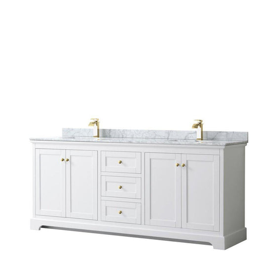 Wyndham Collection Avery 80" White Double Bathroom Vanity, White Carrara Marble Countertop With 1-Hole Faucet, Square Sink, Gold Trims
