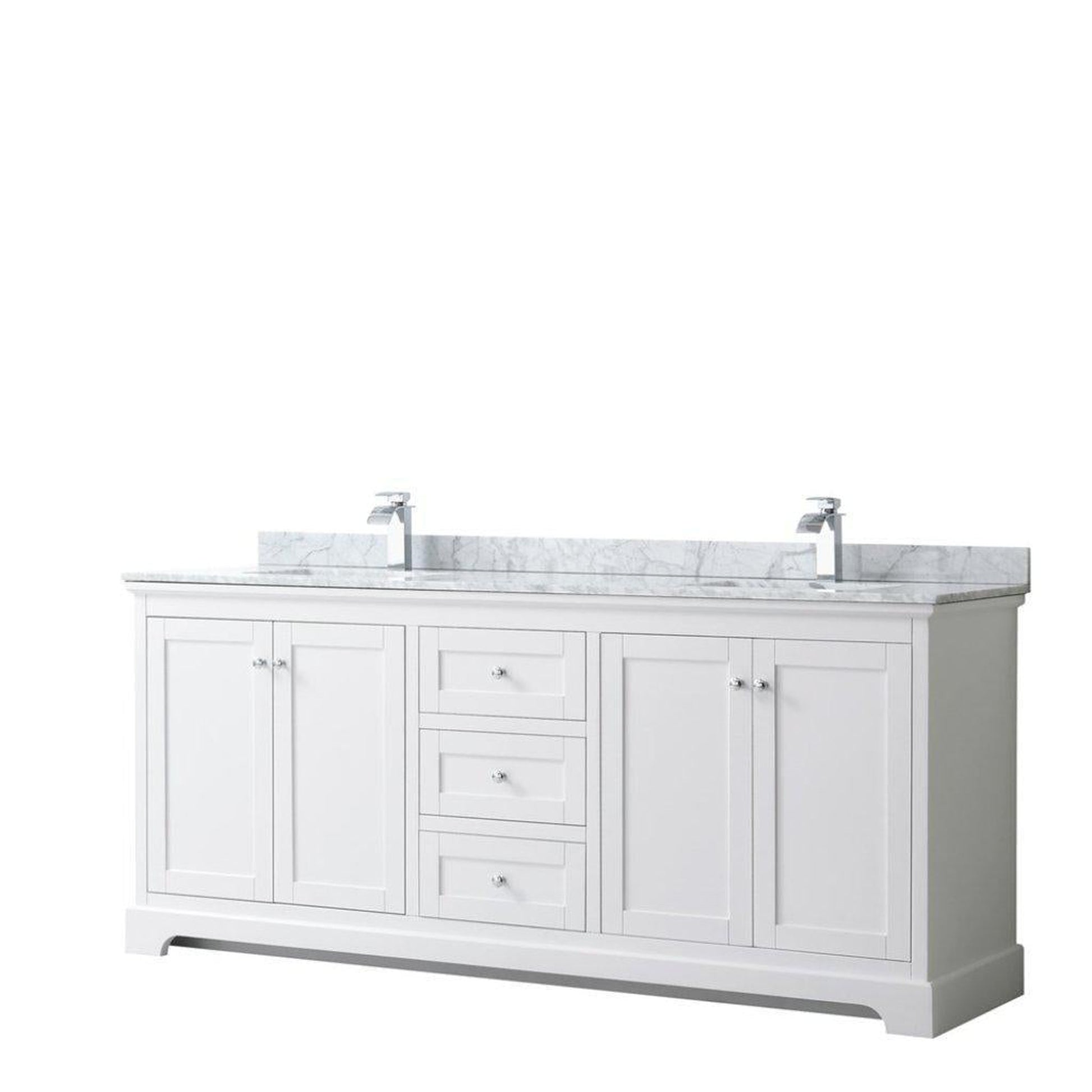 Wyndham Collection Avery 80" White Double Bathroom Vanity, White Carrara Marble Countertop With 1-Hole Faucet, Square Sink, Polished Chrome Trims