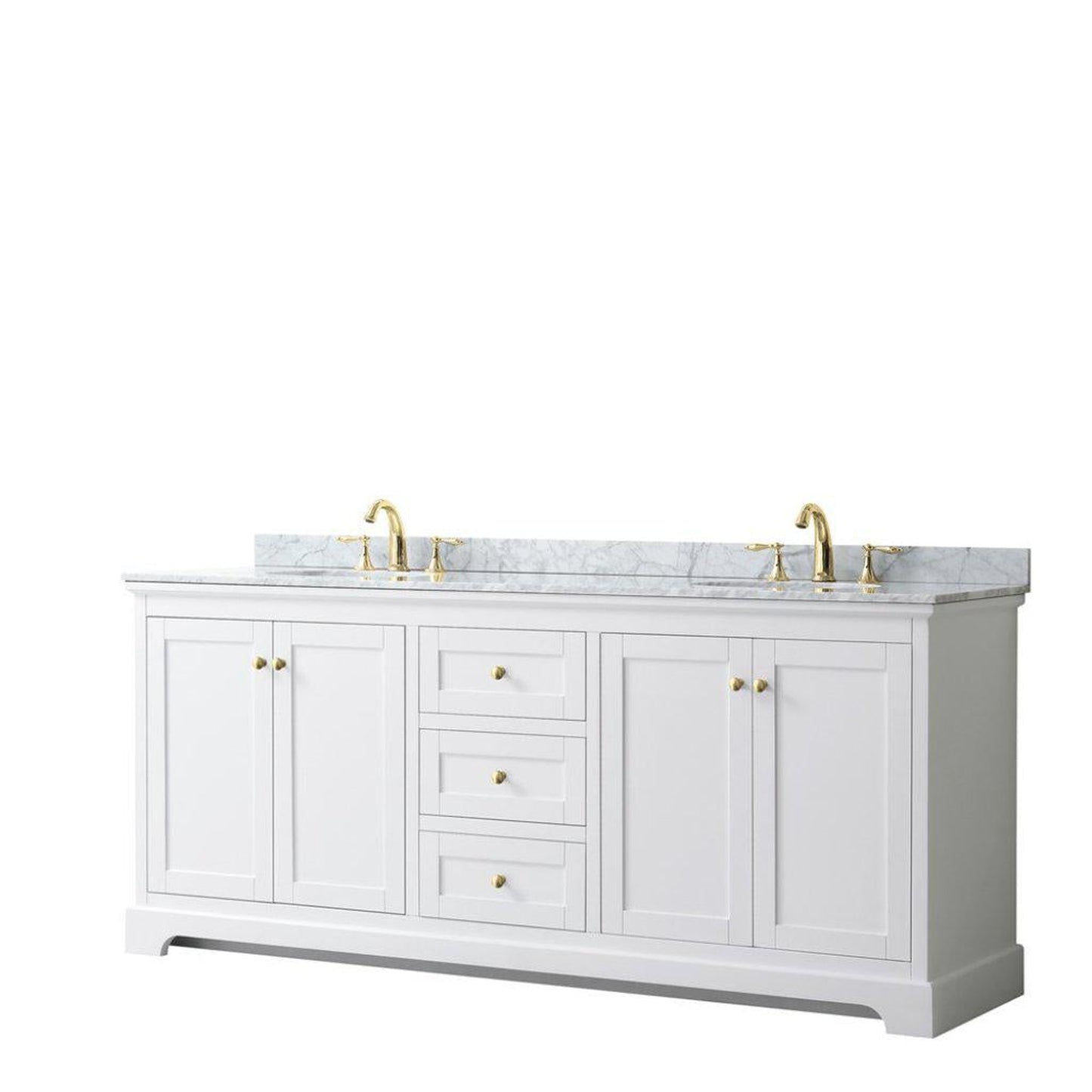 Wyndham Collection Avery 80" White Double Bathroom Vanity, White Carrara Marble Countertop With 3-Hole Faucet, 8" Oval Sink, Gold Trims