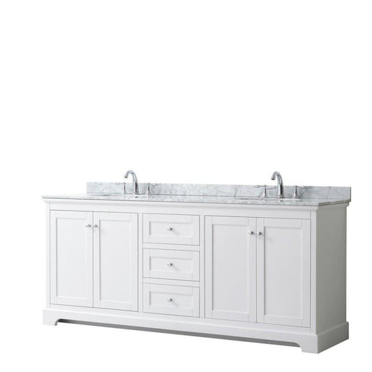 Wyndham Collection Avery 80" White Double Bathroom Vanity, White Carrara Marble Countertop With 3-Hole Faucet, 8" Oval Sink, Polished Chrome Trims