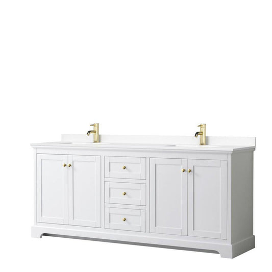 Wyndham Collection Avery 80" White Double Bathroom Vanity, White Cultured Marble Countertop With 1-Hole Faucet, Square Sink, Gold Trims