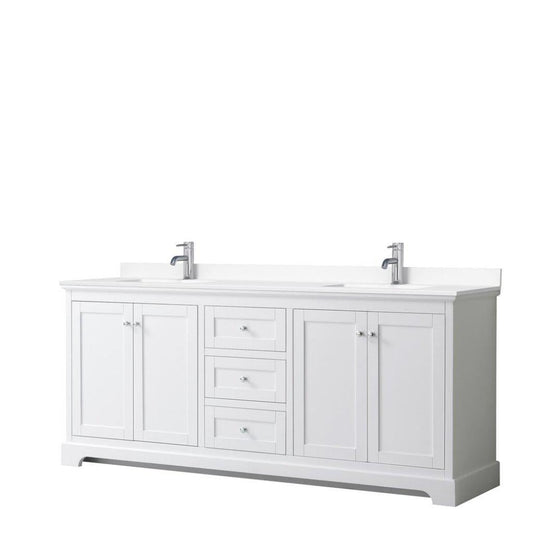 Wyndham Collection Avery 80" White Double Bathroom Vanity, White Cultured Marble Countertop With 1-Hole Faucet, Square Sink, Polished Chrome Trims