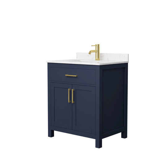 Wyndham Collection Beckett 30" Single Bathroom Dark Blue Vanity With White Carrara Cultured Marble Countertop, Undermount Square Sink And Brushed Gold Trim