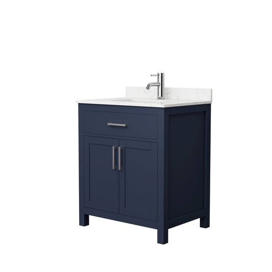 Wyndham Collection Beckett 30" Single Bathroom Dark Blue Vanity With White Carrara Cultured Marble Countertop, Undermount Square Sink And Brushed NIckel Trim