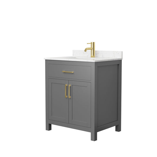 Wyndham Collection Beckett 30" Single Bathroom Dark Gray Vanity With White Carrara Cultured Marble Countertop, Undermount Square Sink And Brushed Gold Trim